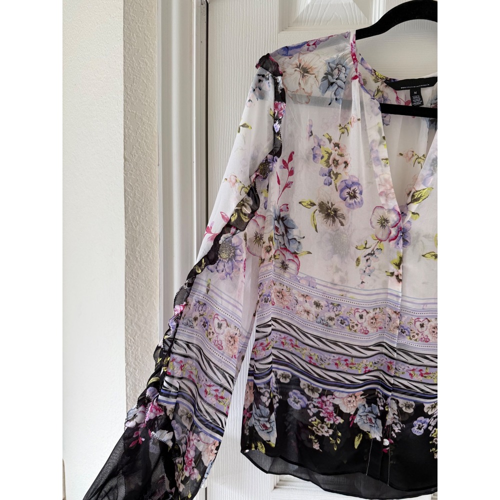 White House Black Market Sheer Floral Border Boho Blouse M Ruffle‎ Sleeve - Picture 3 of 6